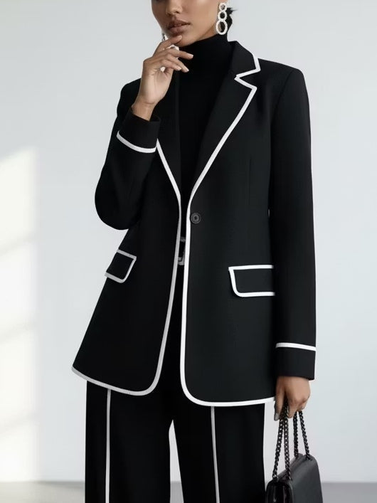 Claudine | Zweiteiliges Ensemble Blazer mit Kontrast-Paspel in Schwarz und weitem Hosen