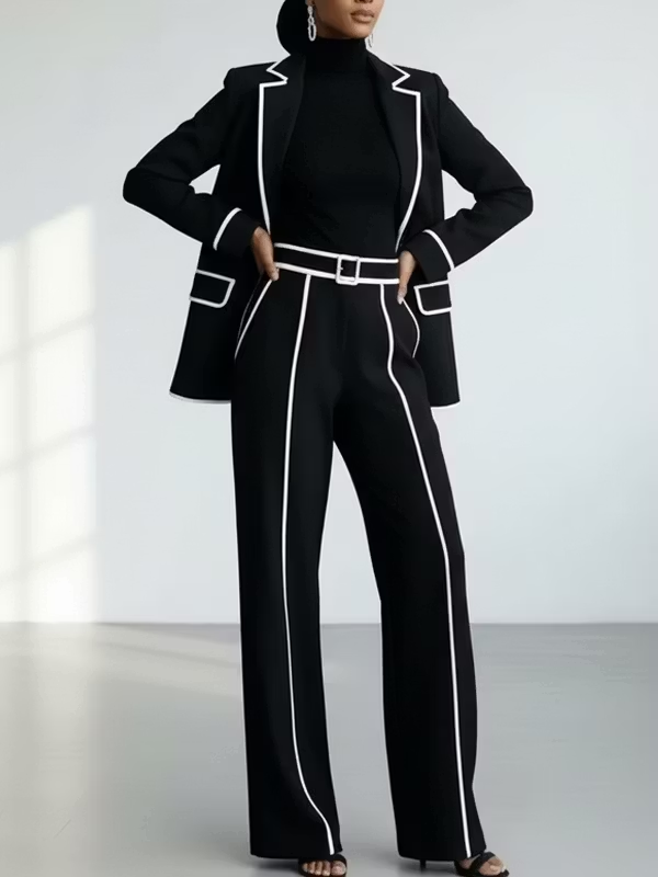 Claudine | Zweiteiliges Ensemble Blazer mit Kontrast-Paspel in Schwarz und weitem Hosen