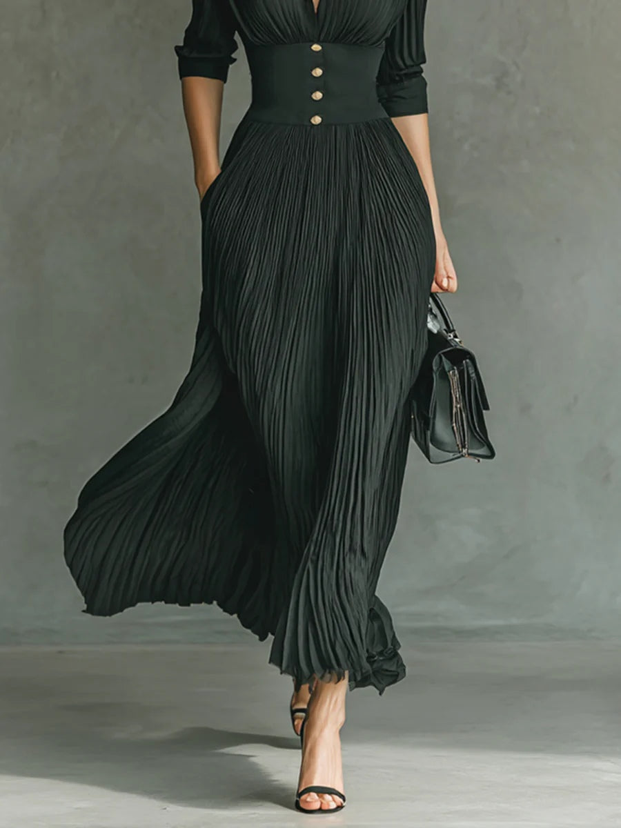 Elvire | Elegantes Plissee-Maxikleid mit Taillengürtel
