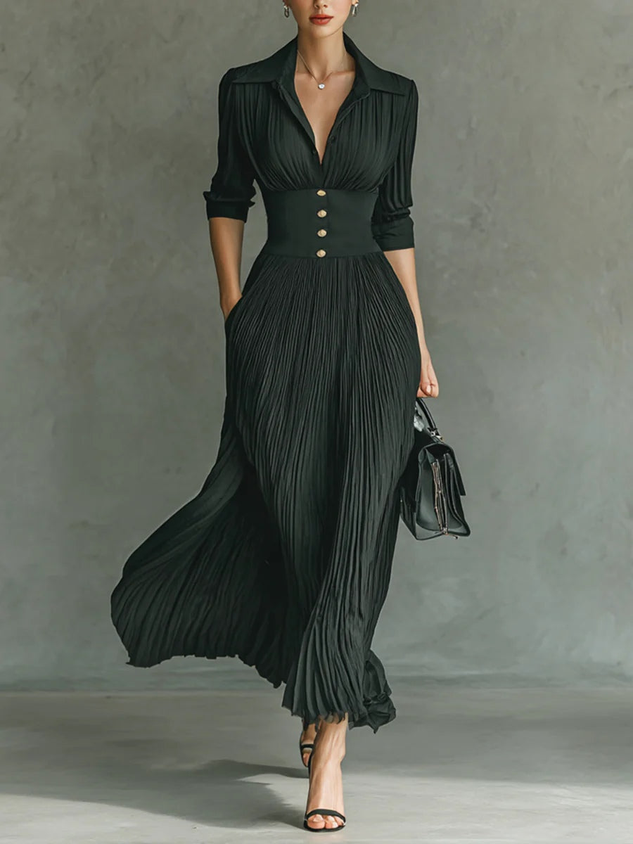 Elvire | Lange Plissierte Robe mit Revers und Hoher Taille