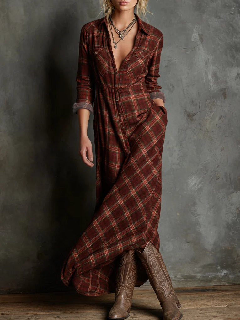 Margaux | Maxikleid Hemdbluse mit Vichy-Kragen in Grün