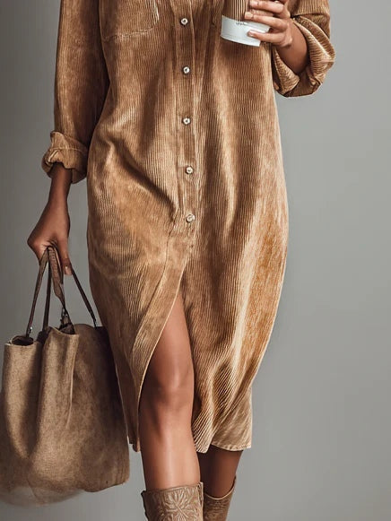 Béatrice | Midi-Kleid aus Cord mit Taschen und einfacher Knopfleiste