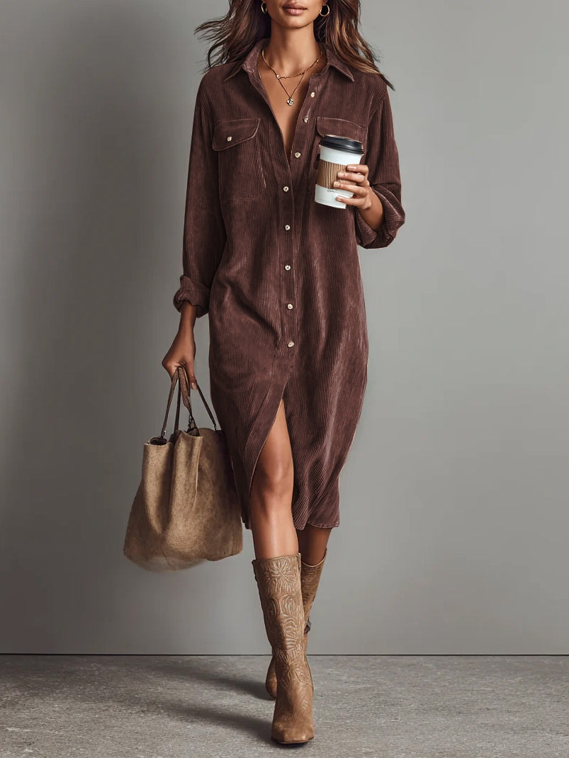 Béatrice | Midi-Kleid aus Cord mit Taschen und einfacher Knopfleiste