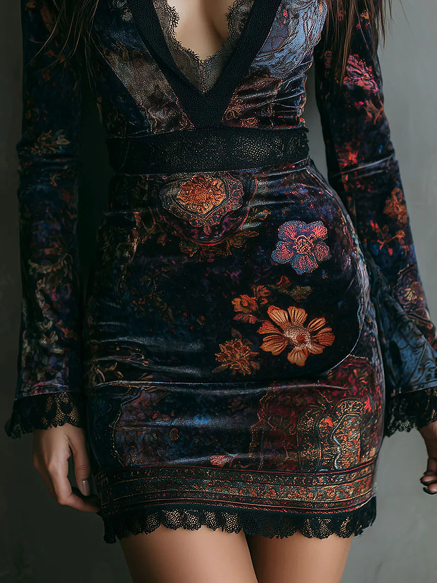 Iris | Mini-Kleid aus Samt, Spitze und Blumenmuster