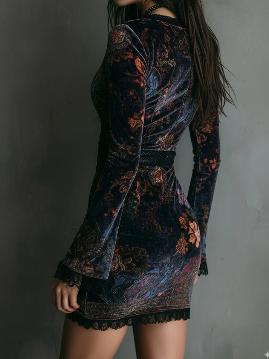 Iris | Mini-Kleid aus Samt, Spitze und Blumenmuster