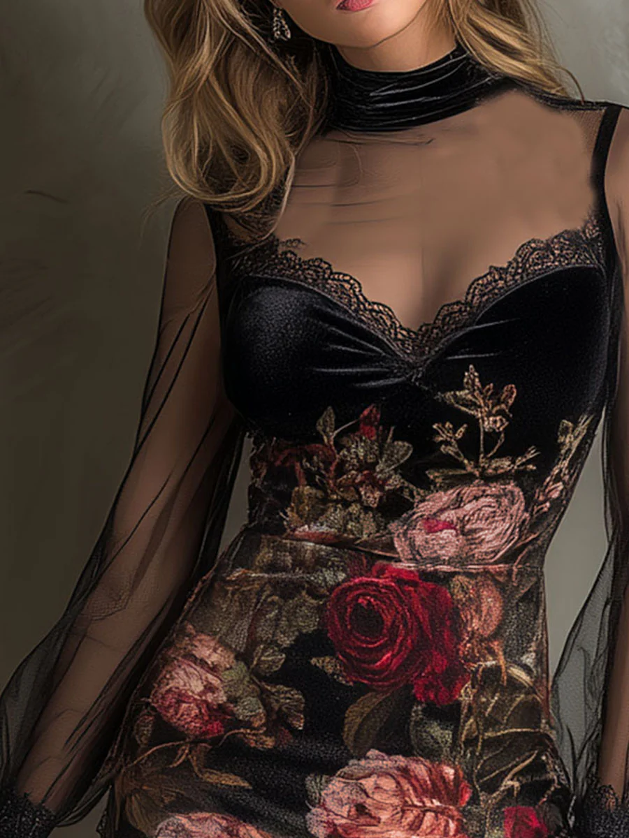 Églantine | Mini Kleid aus Tüll, Rosenmuster und Spitze