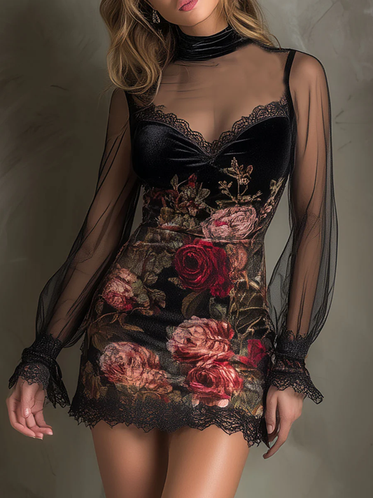 Églantine | Mini Kleid aus Tüll, Rosenmuster und Spitze