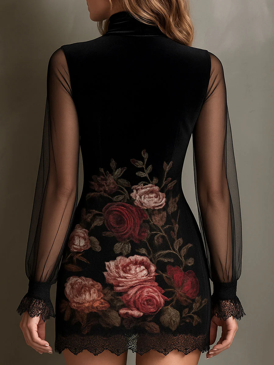 Églantine | Mini Kleid aus Tüll, Rosenmuster und Spitze