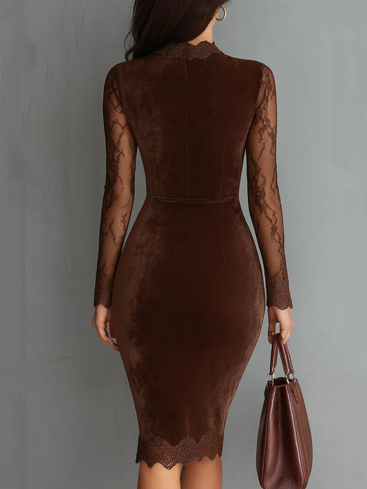 Bérénice | Braunes Vintage-Samt-Minikleid mit Schlüssellochausschnitt und Spitzenärmeln