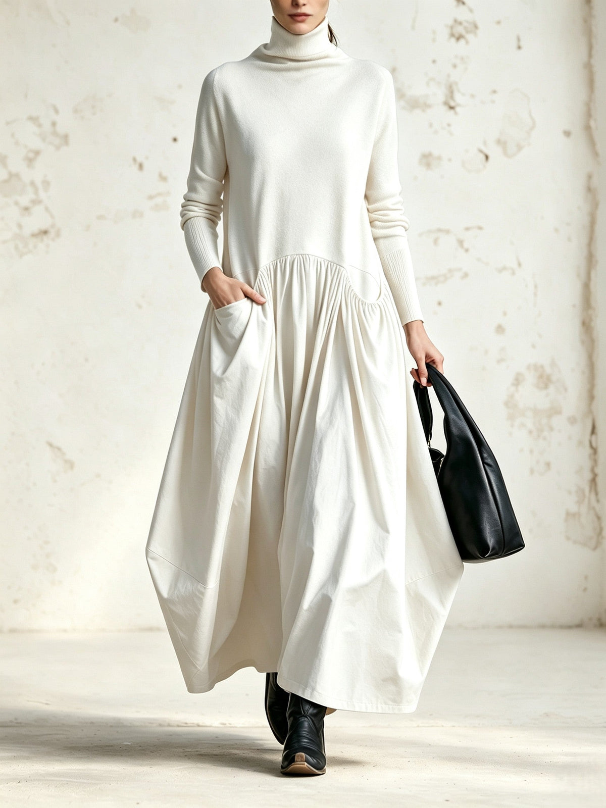 Odette | Schwarzes Oversize-Maxikleid mit Stehkragen