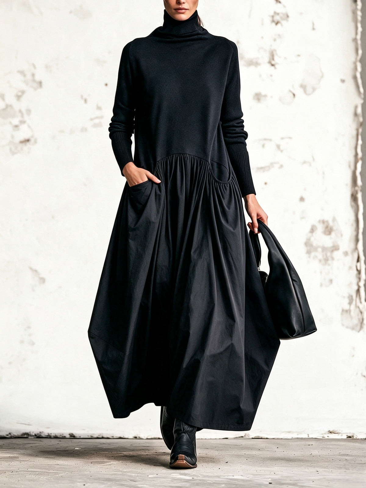 Odette | Schwarzes Oversize-Maxikleid mit Stehkragen