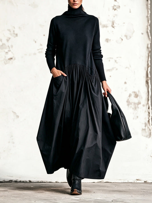 Odette | Schwarzes Oversize-Maxikleid mit Stehkragen