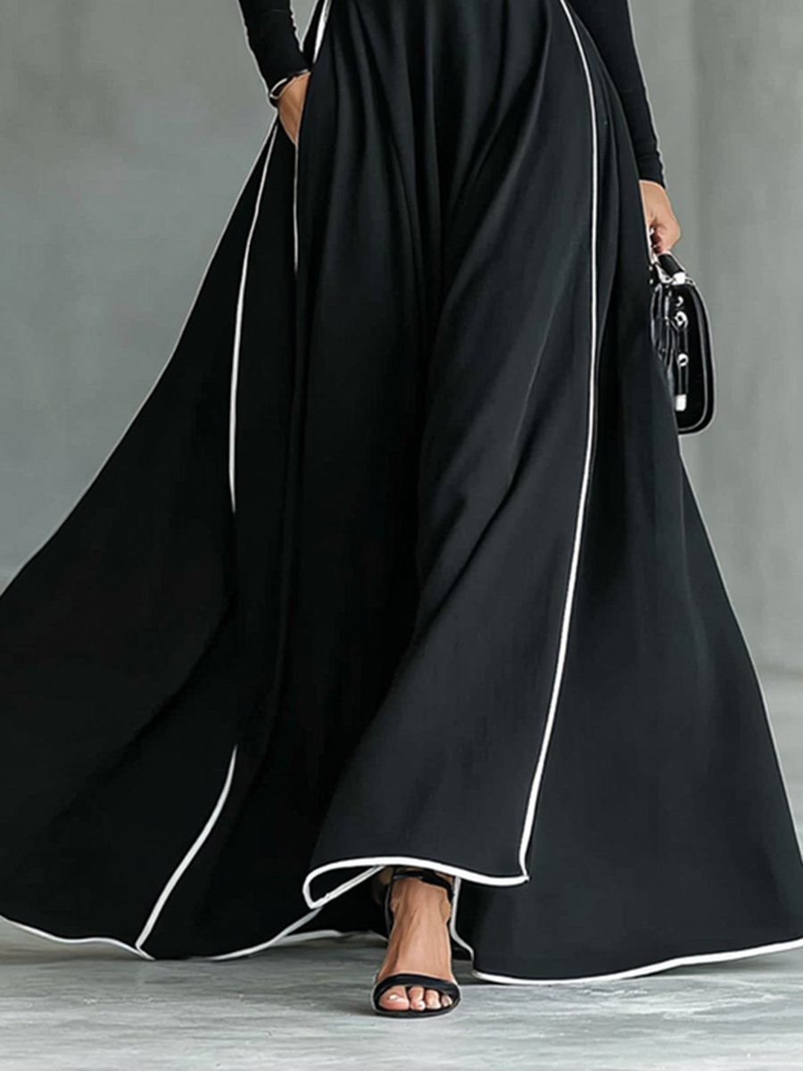 Colette | Maxi-Kleid für Frauen in Schwarz mit Weißen Nähten und Stehkragen, Lange Ärmel, Tailliert