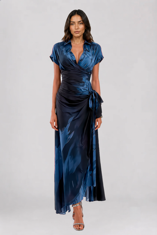 ALESSIA – Elegantes Wickel-Midikleid in Mitternachtsblau