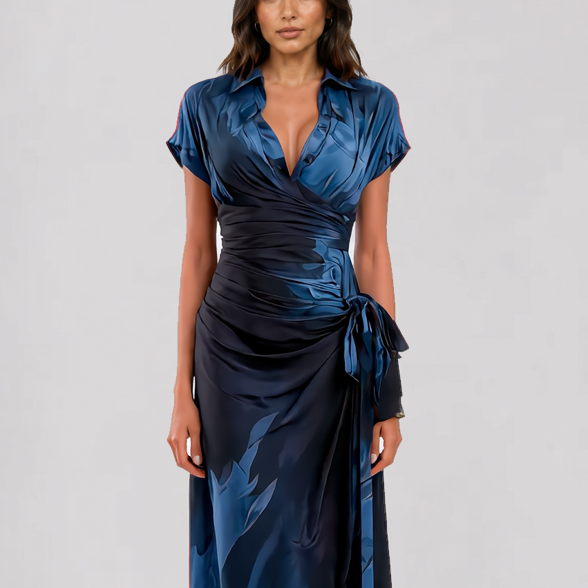 ALESSIA – Elegantes Wickel-Midikleid in Mitternachtsblau