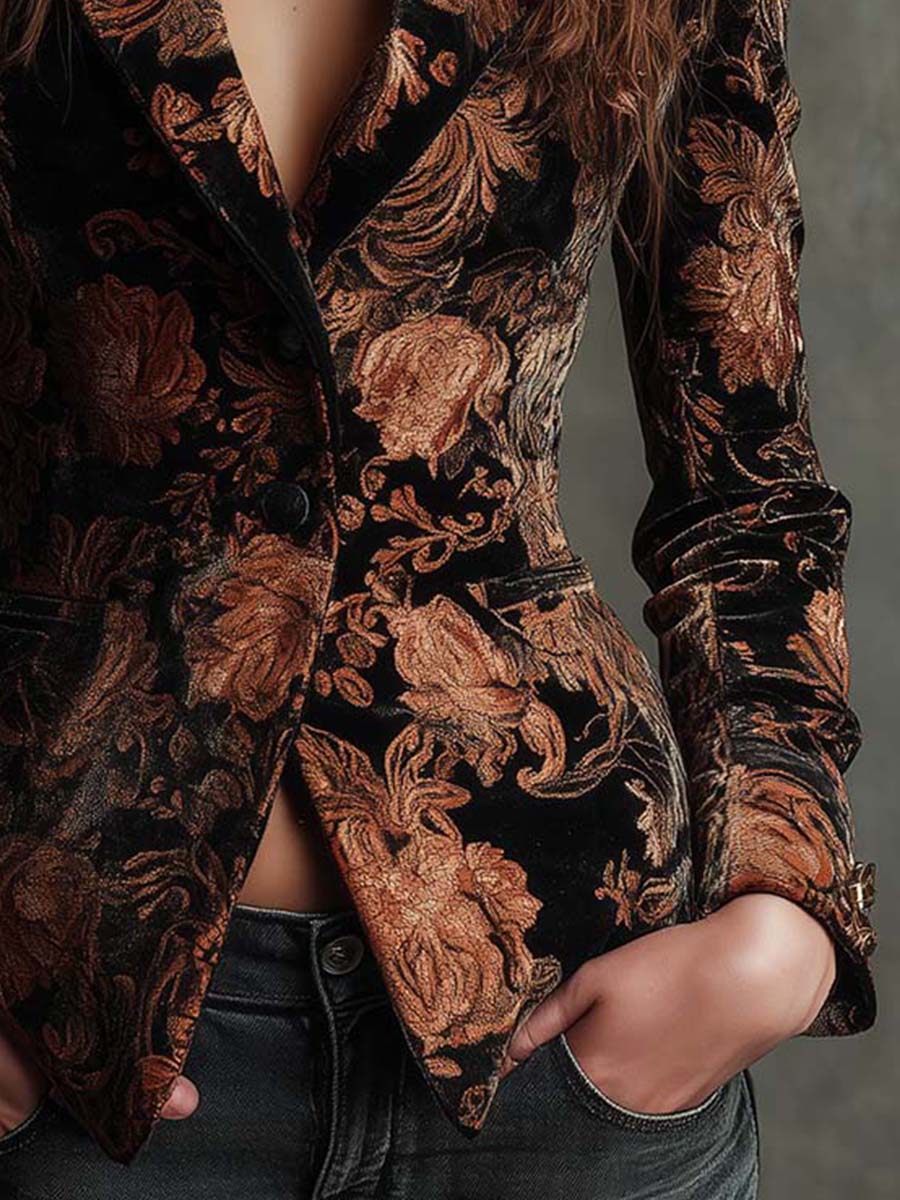Bertille | Blazer Tailleur Mit Floral Druck in Schwarz und Bronze