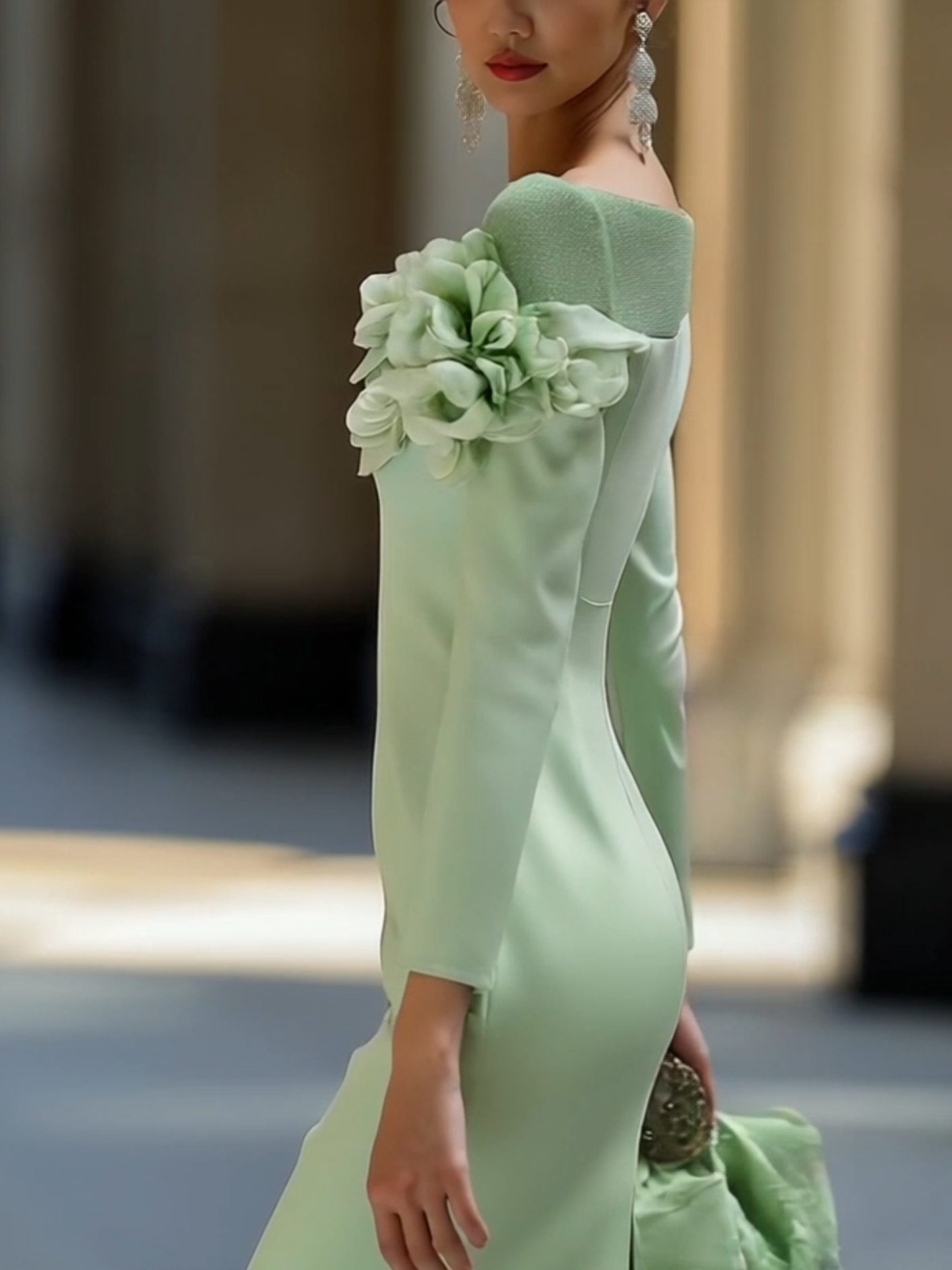 Rundhals Off-Shoulder 3D Blumen Midi Kleid