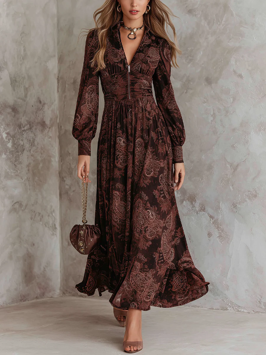 Oriane | Braunes Maxikleid mit Paisley-Print und Reißverschluss
