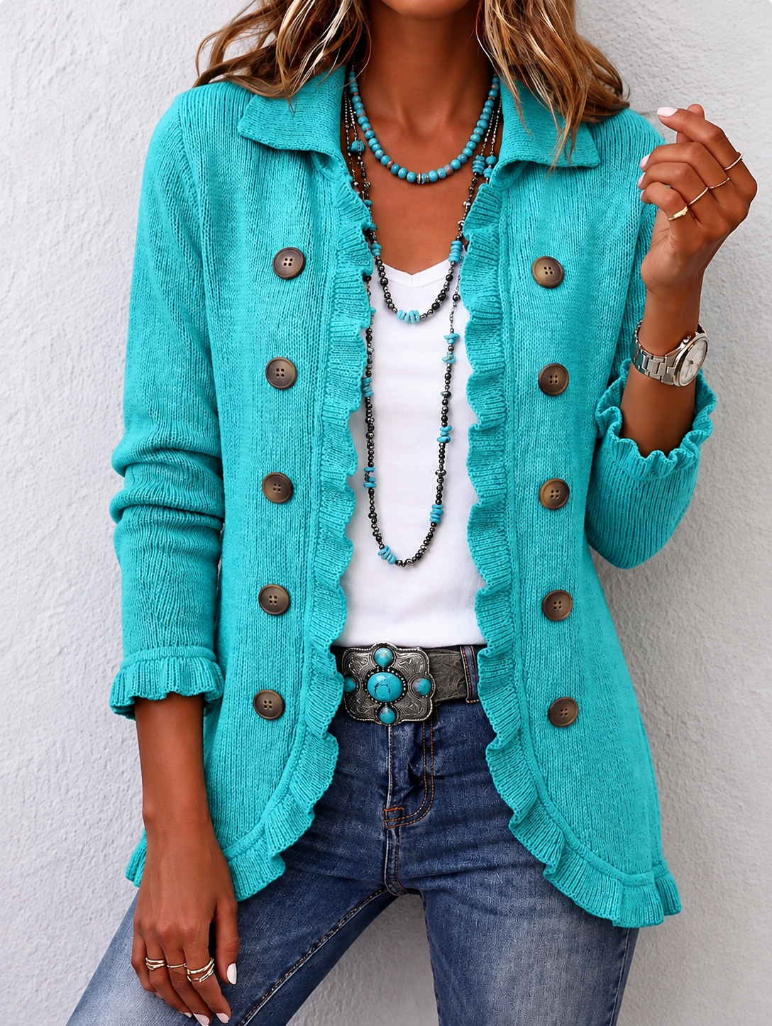 Sylvaine | Strickjacke in türkis mit Rüschen