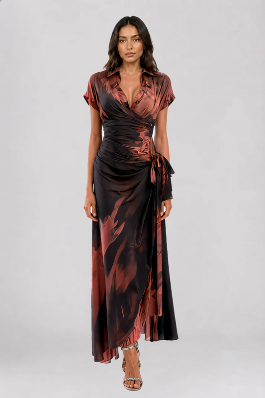 ALESSIA – Elegantes Wickel-Midikleid in Kupferbraun