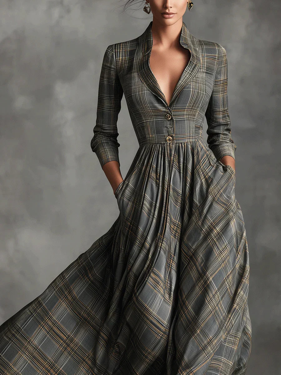 Elise | Elegantes Maxikleid mit Karomuster & V-Ausschnitt
