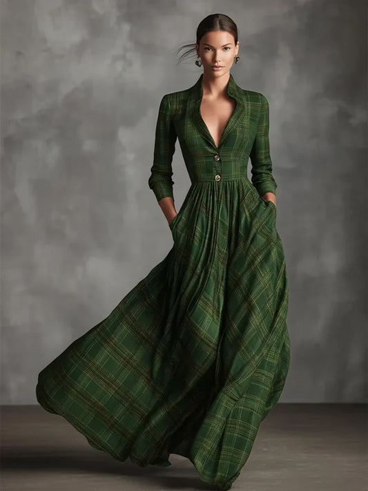 Elise | Elegantes Maxikleid mit Karomuster & V-Ausschnitt