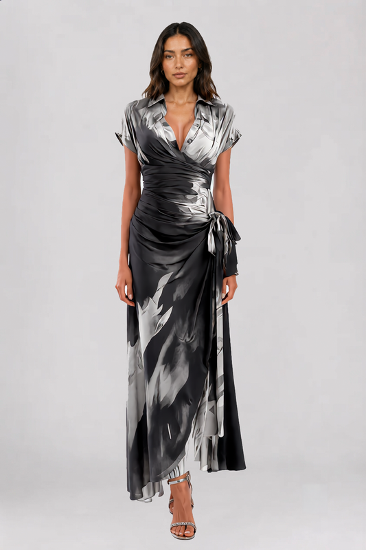 ALESSIA – Elegantes Wickel-Midikleid in Silber und Weiß