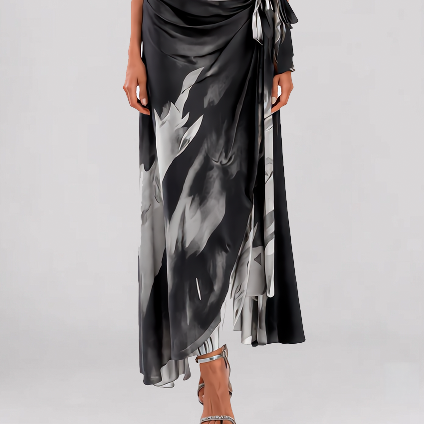 ALESSIA – Elegantes Wickel-Midikleid in Silber und Weiß