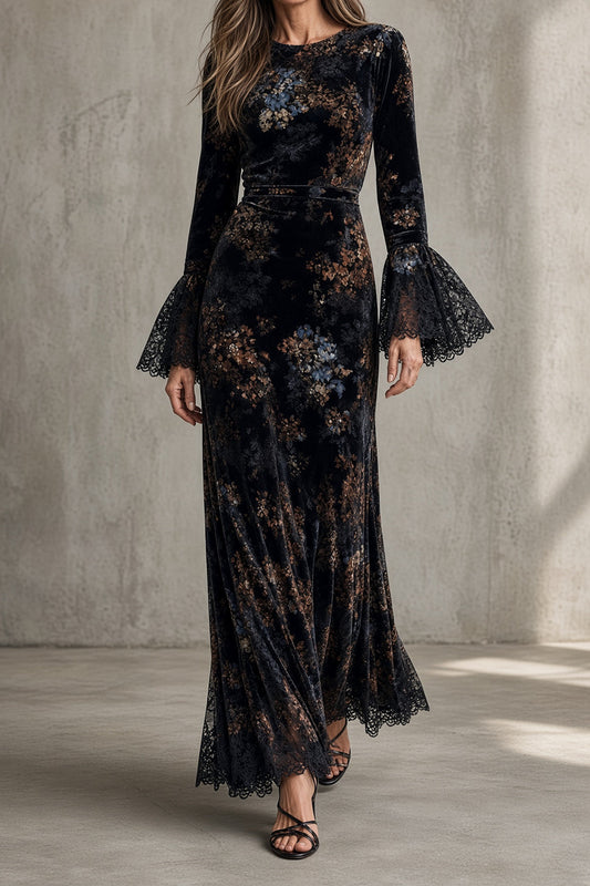 Lucie | Samtmaxikleid mit Spitzenärmeln