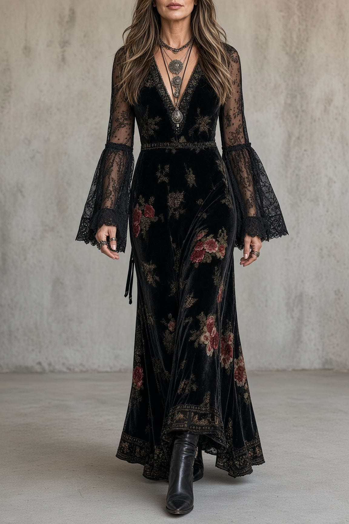 Nathalie | Samtmaxikleid mit Spitzenärmeln