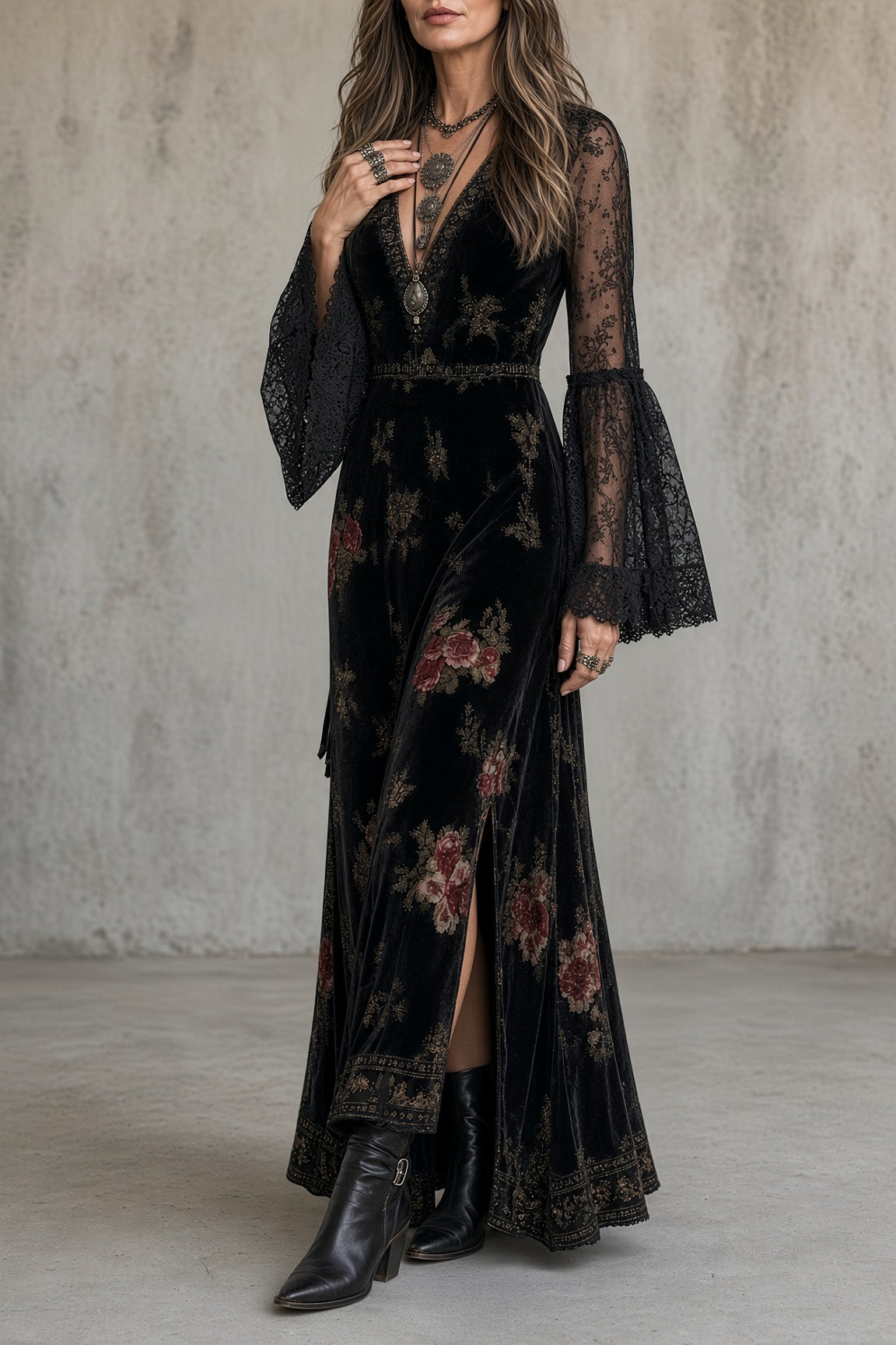 Nathalie | Samtmaxikleid mit Spitzenärmeln