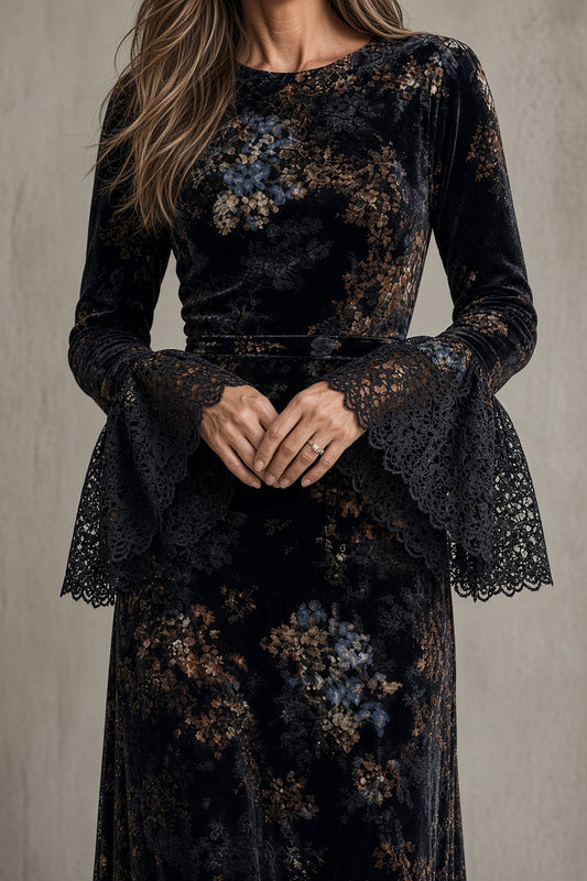 Lucie | Samtmaxikleid mit Spitzenärmeln