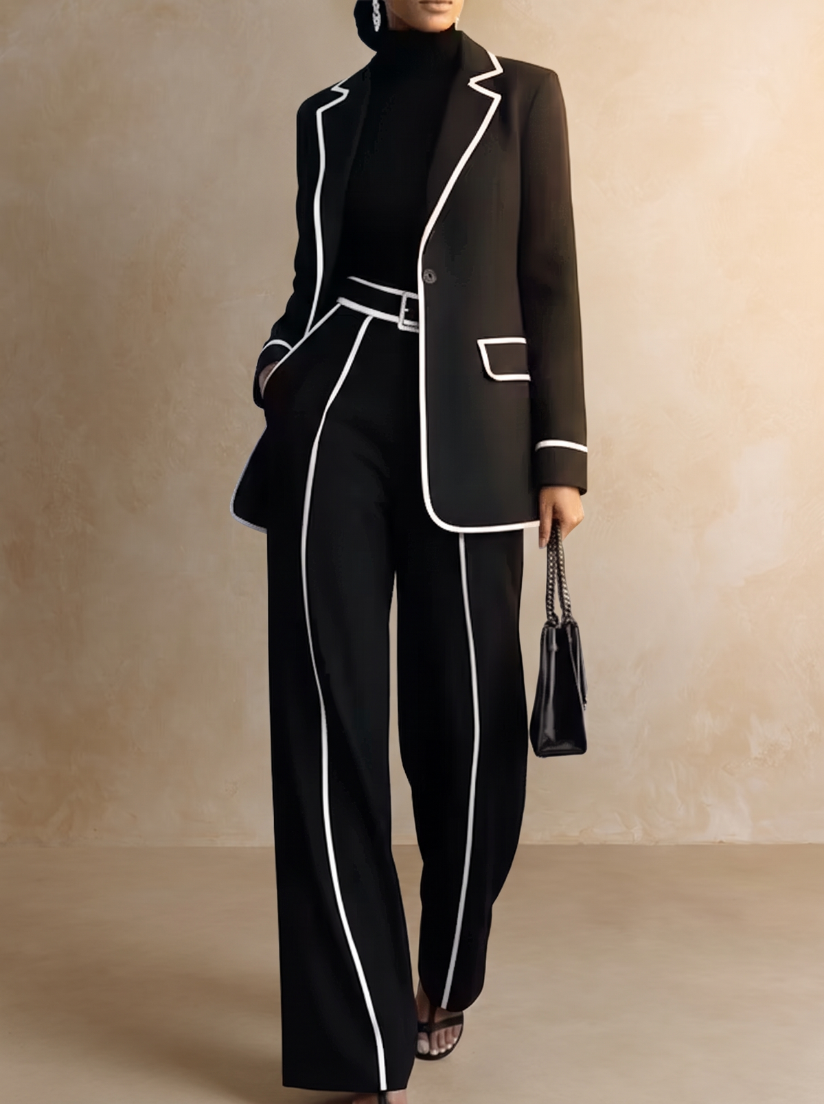 Claudine | Zweiteiliges Ensemble Blazer mit Kontrast-Paspel in Schwarz und weitem Hosen