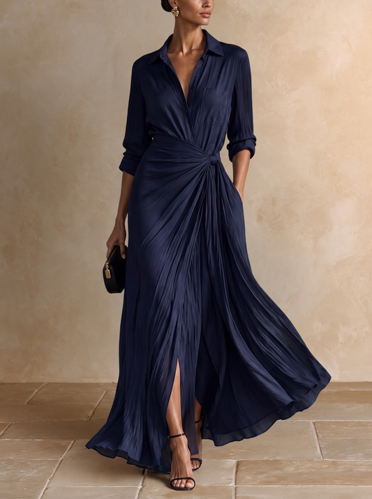 Gabrielle | Elegantes Maxikleid aus Marineblauem Hemdenstoff mit Knotendetail