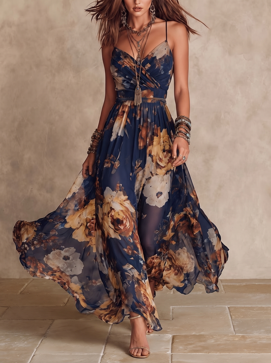 Adrienne | Maxikleid aus Marineblauem Chiffon mit Blumenmuster und feinen Trägern