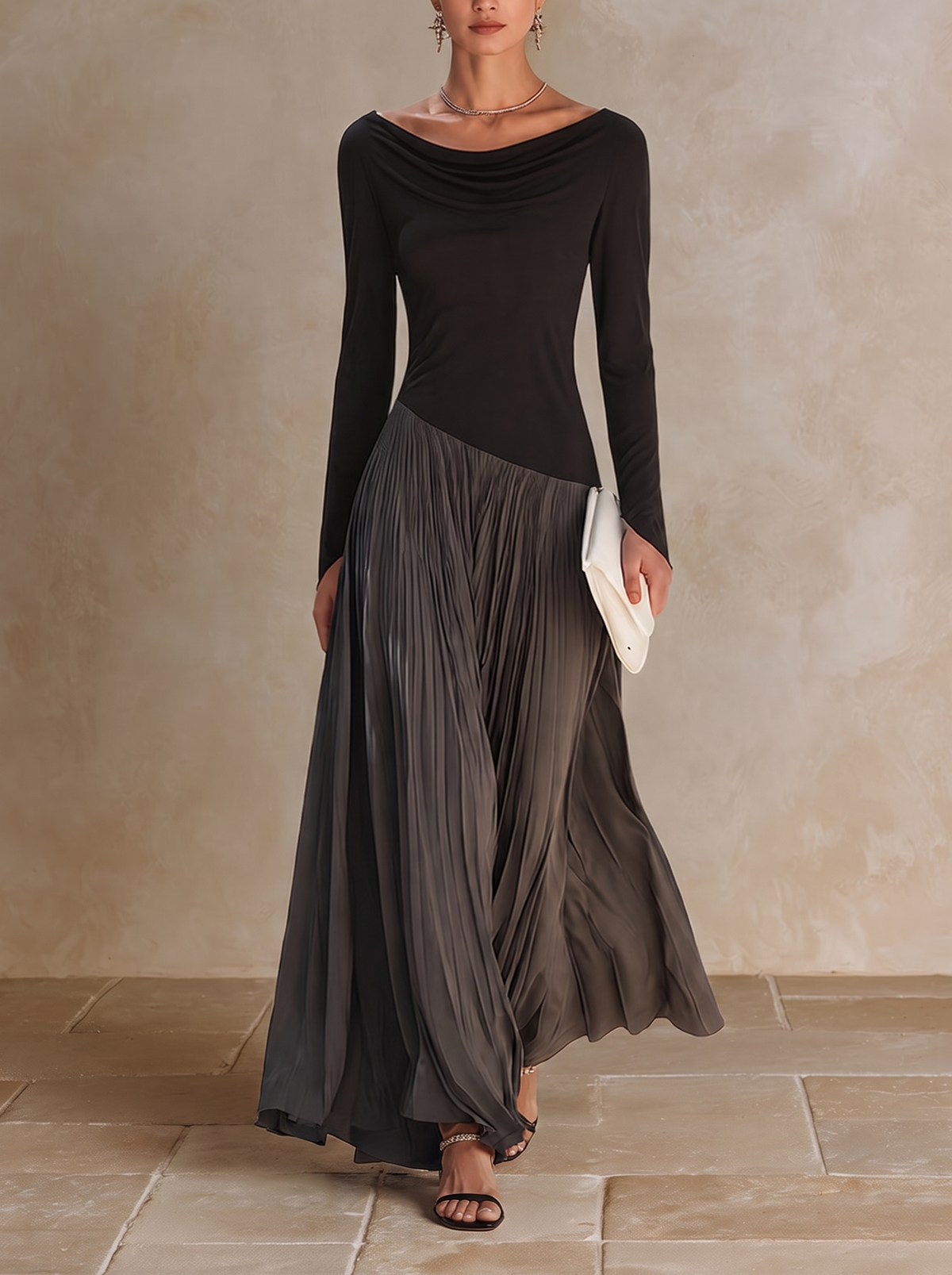 Marine | Maxikleid mit Drapé-Ausschnitt in Schwarz und Grau
