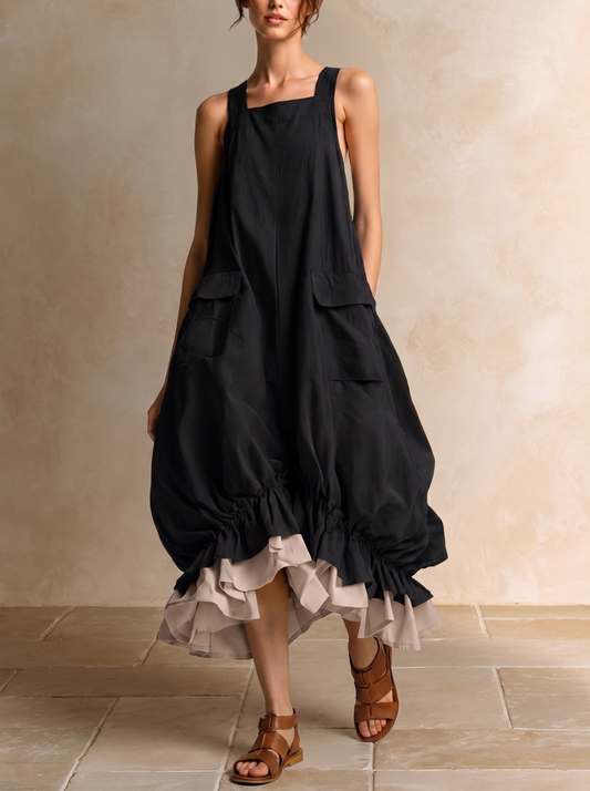 Danielle | Midi Kleid ohne Ärmel mit großen Taschen, Überlagerungen und Volant-Saum