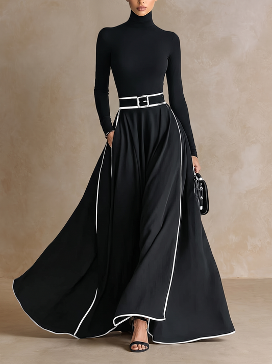 Colette | Maxi-Kleid für Frauen in Schwarz mit Weißen Nähten und Stehkragen, Lange Ärmel, Tailliert