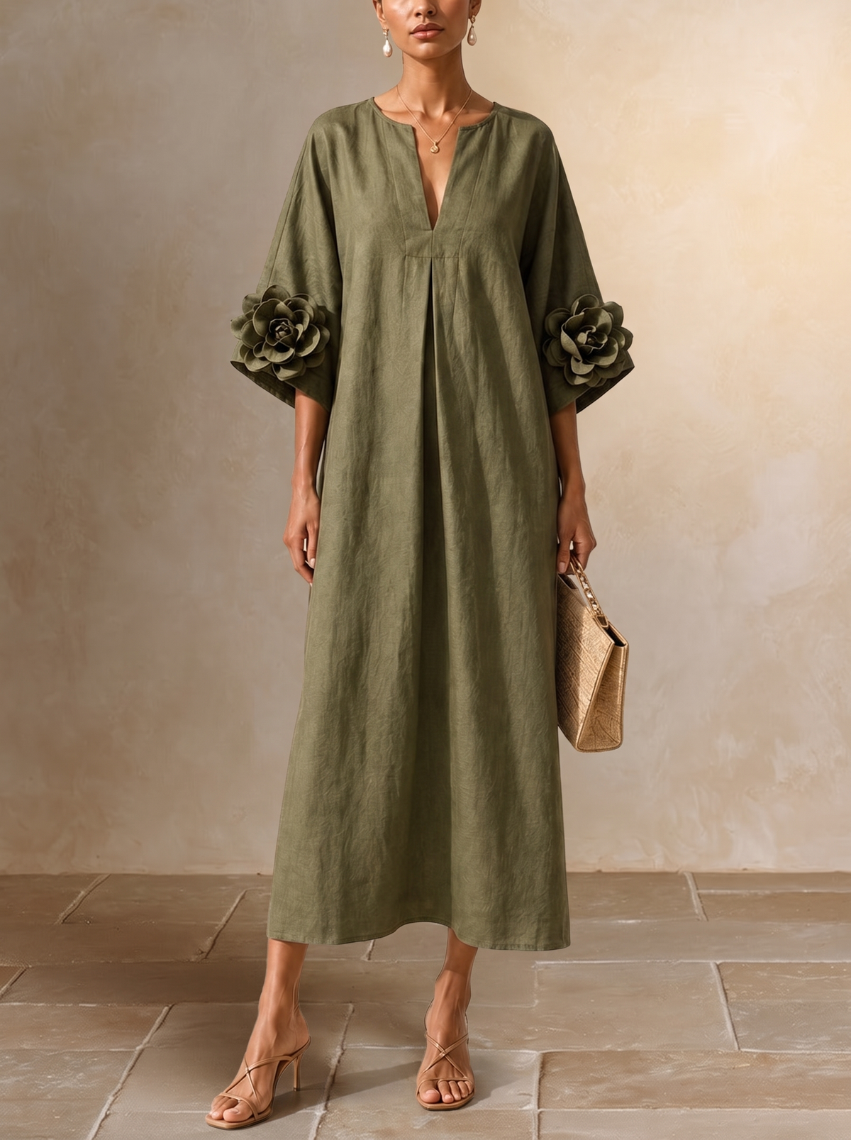 Aurélie | Midi Kleid in Olivgrün mit V-Ausschnitt und extravaganten Blumenärmeln