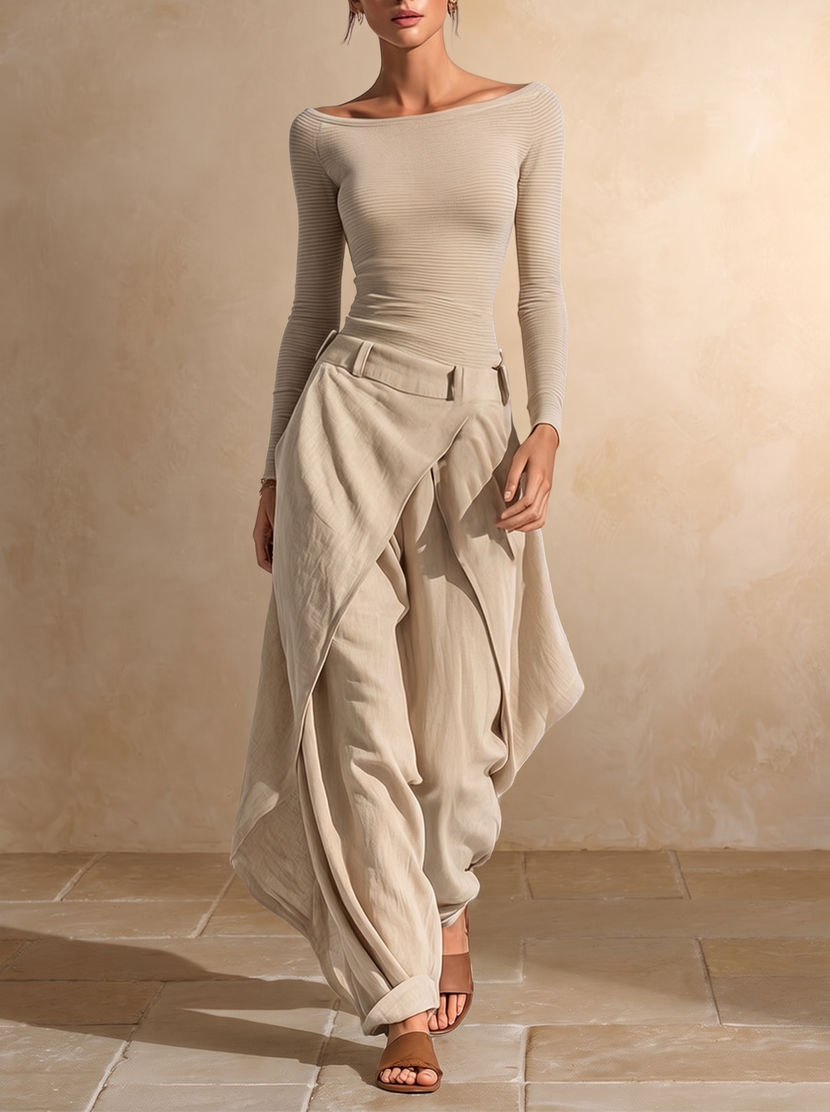 Juliette | Beige Oberteil mit Bootsausschnitt und weitem Hosenanzug mit Überlagerungen