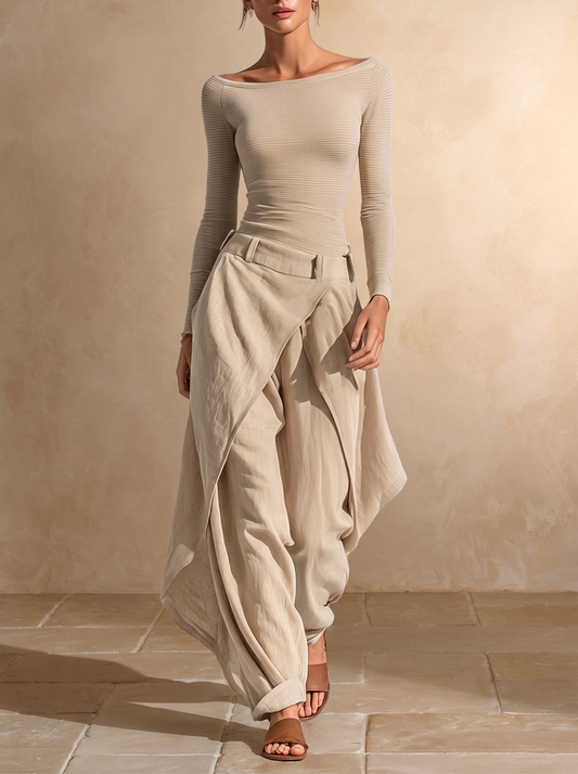 Juliette | Beige Oberteil mit Bootsausschnitt und weitem Hosenanzug mit Überlagerungen