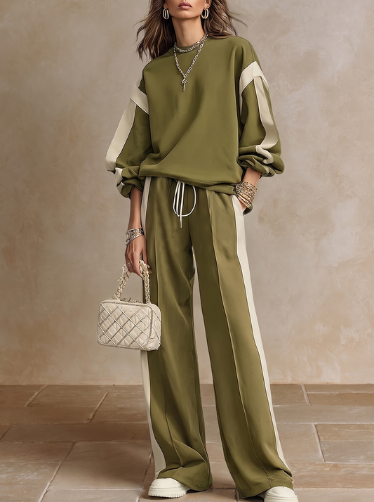 Solange | Sweatshirt in Olivgrün mit Rundhalsausschnitt und Weit geschnittene Hose, Lässiges Set