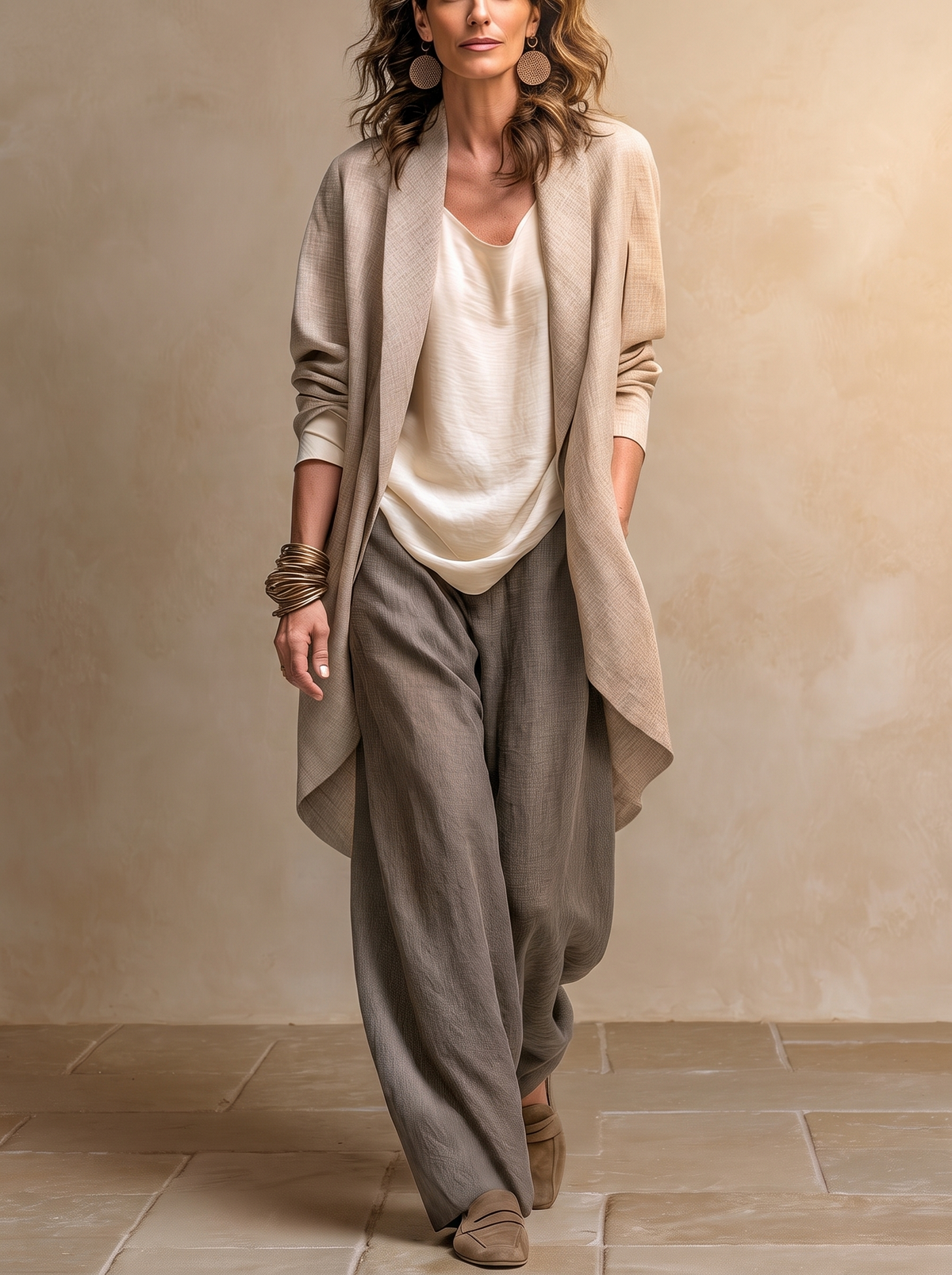 Constance | Ensemble Drei Teile Beige und Grau, Lässig mit Schichten, mit Palazzo-Hose, Elegant