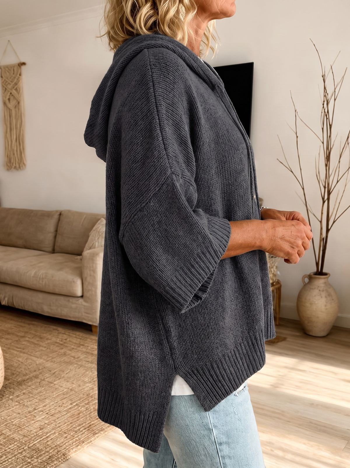 Camille | Eleganter Poncho-Pullover in Anthrazit