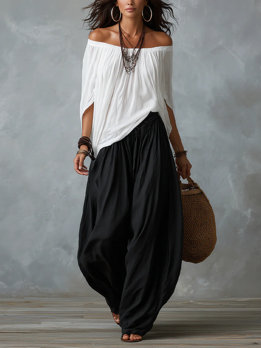 Morgane | Ensemble mit schulterfreien Oberteil und weiter Hose