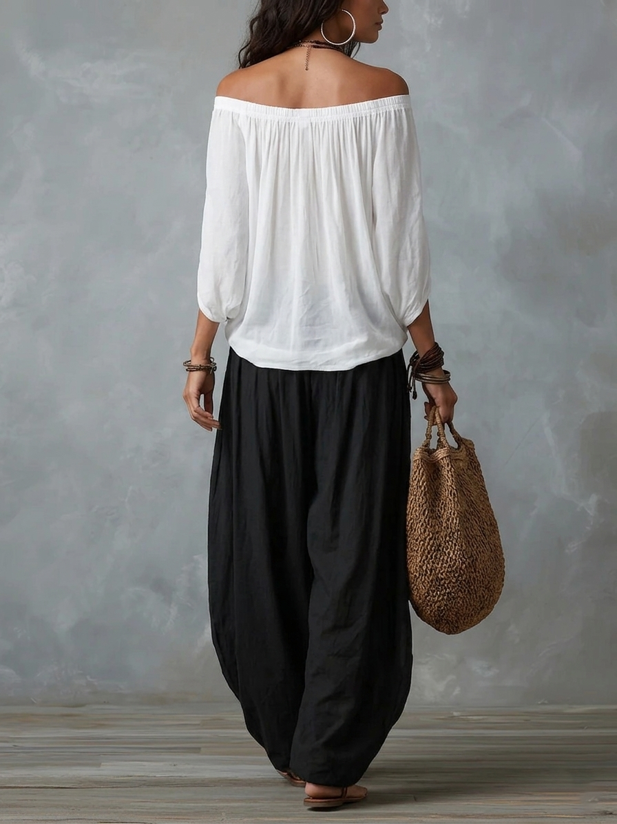 Morgane | Ensemble mit schulterfreien Oberteil und weiter Hose