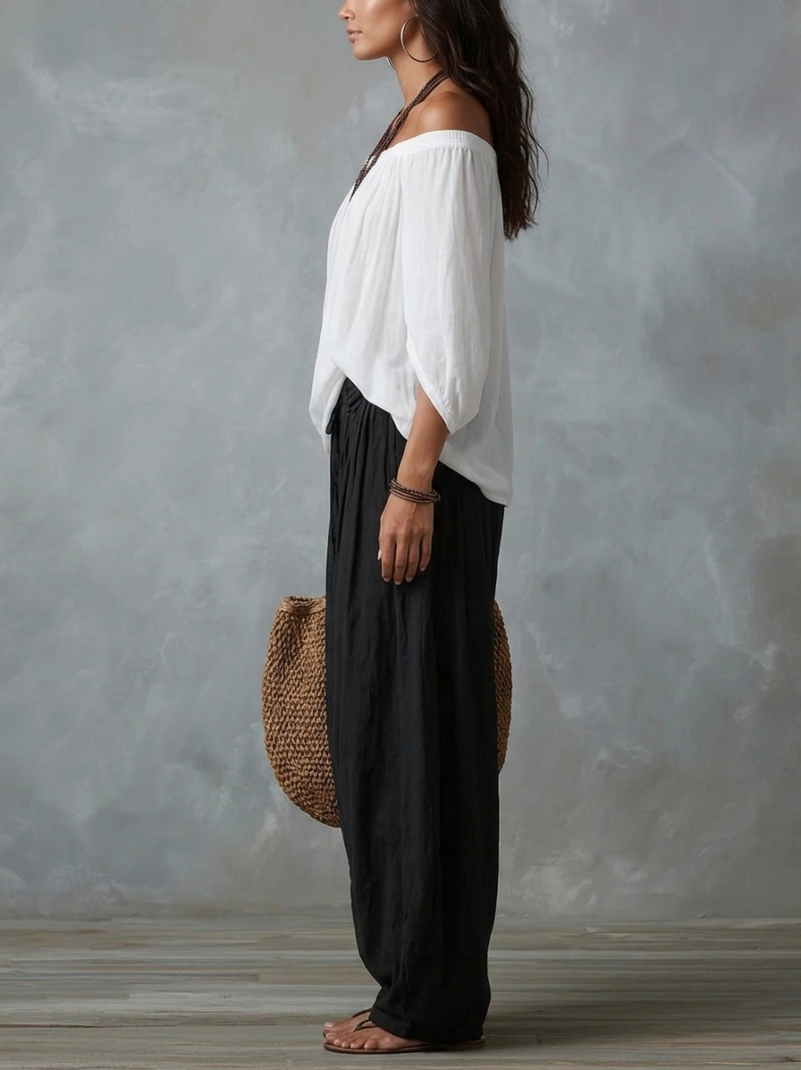 Morgane | Ensemble mit schulterfreien Oberteil und weiter Hose