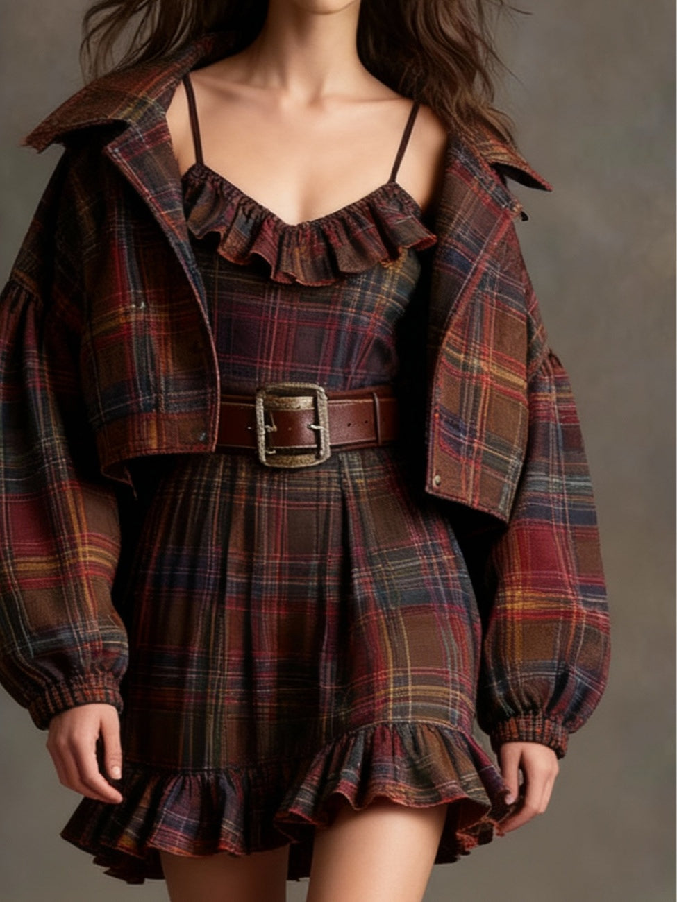 Marielle | Mini Vintage Kleid mit Karos und Streifen und weitem Blazer (mit Gürtel)