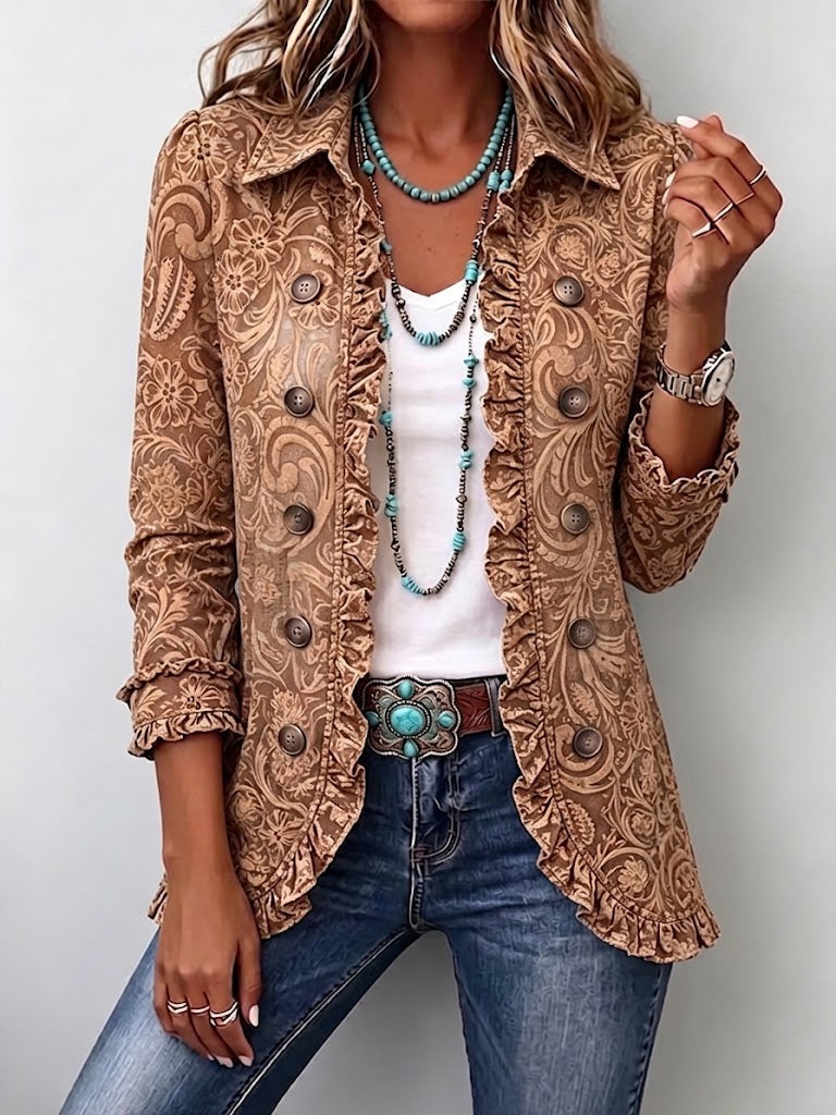 Noémie | Vintage Boho Blümchenjacke Braun mit Rüschen
