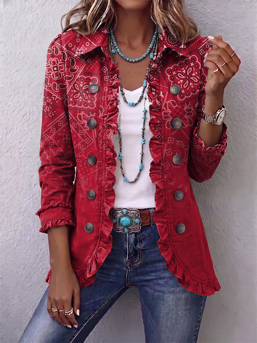 Gaëlle | Bohemian Jacke Paisley Farbverlauf Rot mit Rüschen